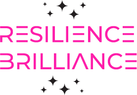 Pink lettering of Resilience Brilliance with retro stars in black above and below it