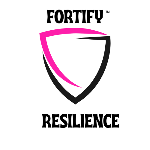 Pink and white abstract shield with the words Fortify™ Resilience for building resilience. ongoing monthly resilience coaching to stay on track.